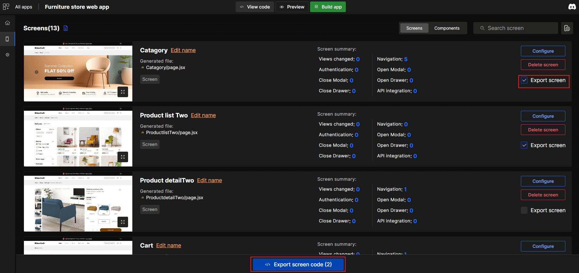 Export code for Single or Multiple Screens