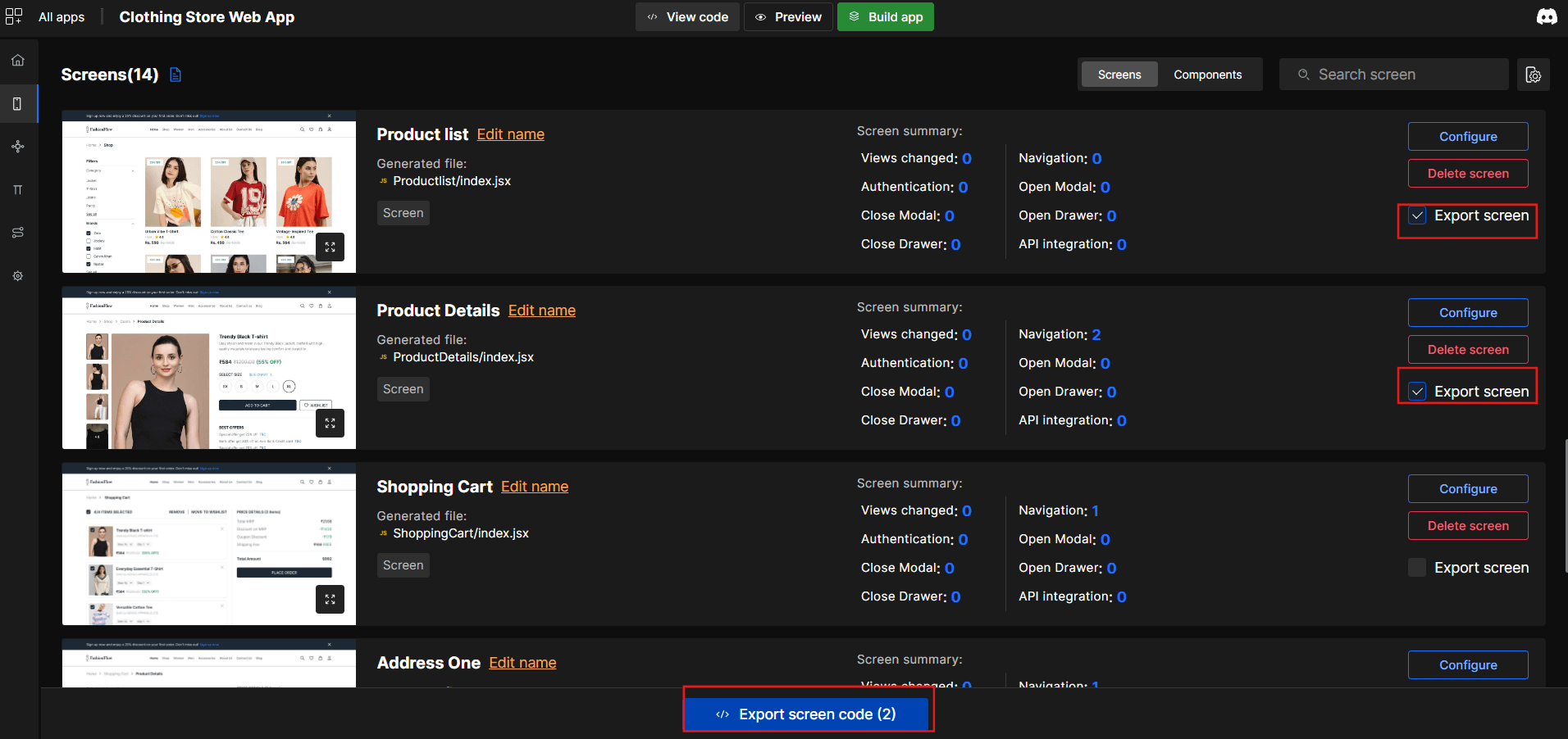 Export code for Single or Multiple Screens
