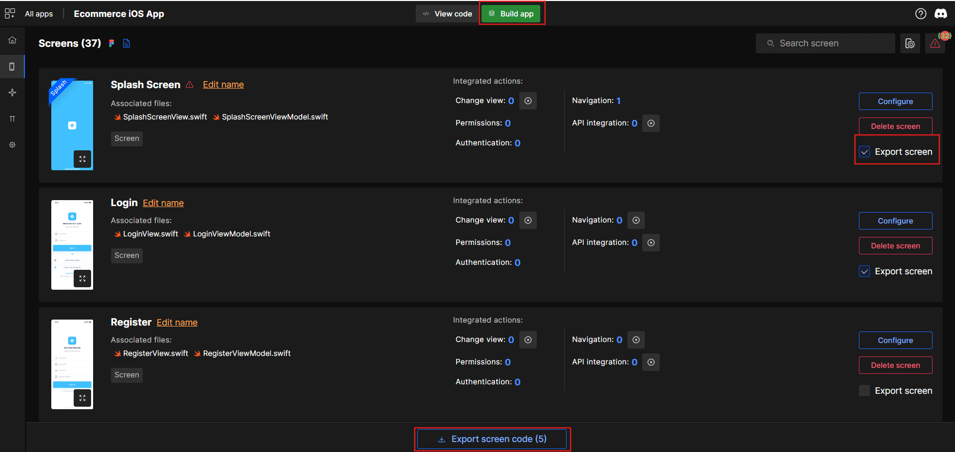 Export Code for Single or Multiple Screens