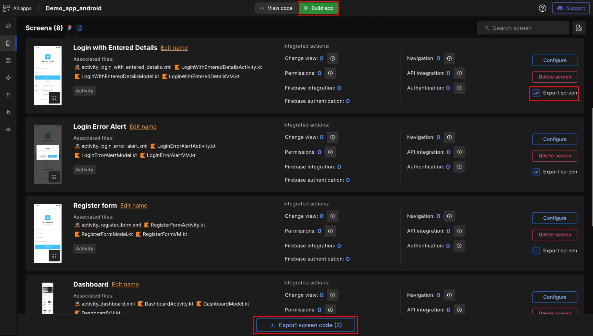 Export Code for Single or Multiple Screens