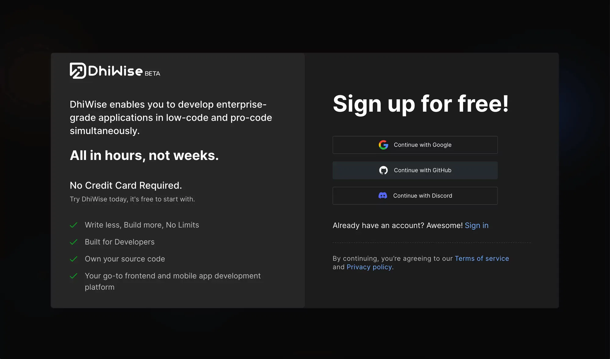 Sign up to DhiWise