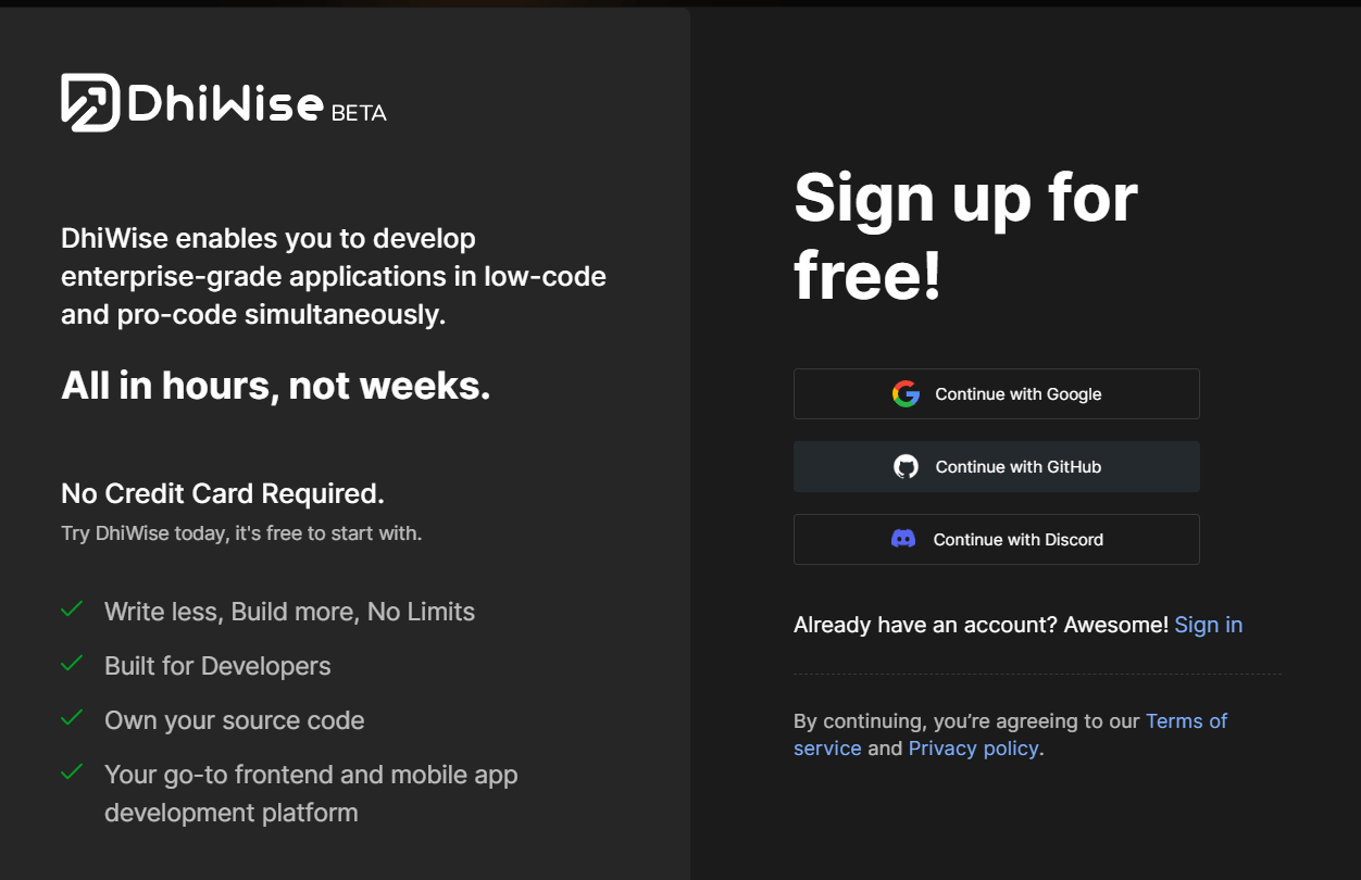 Sign up to DhiWise