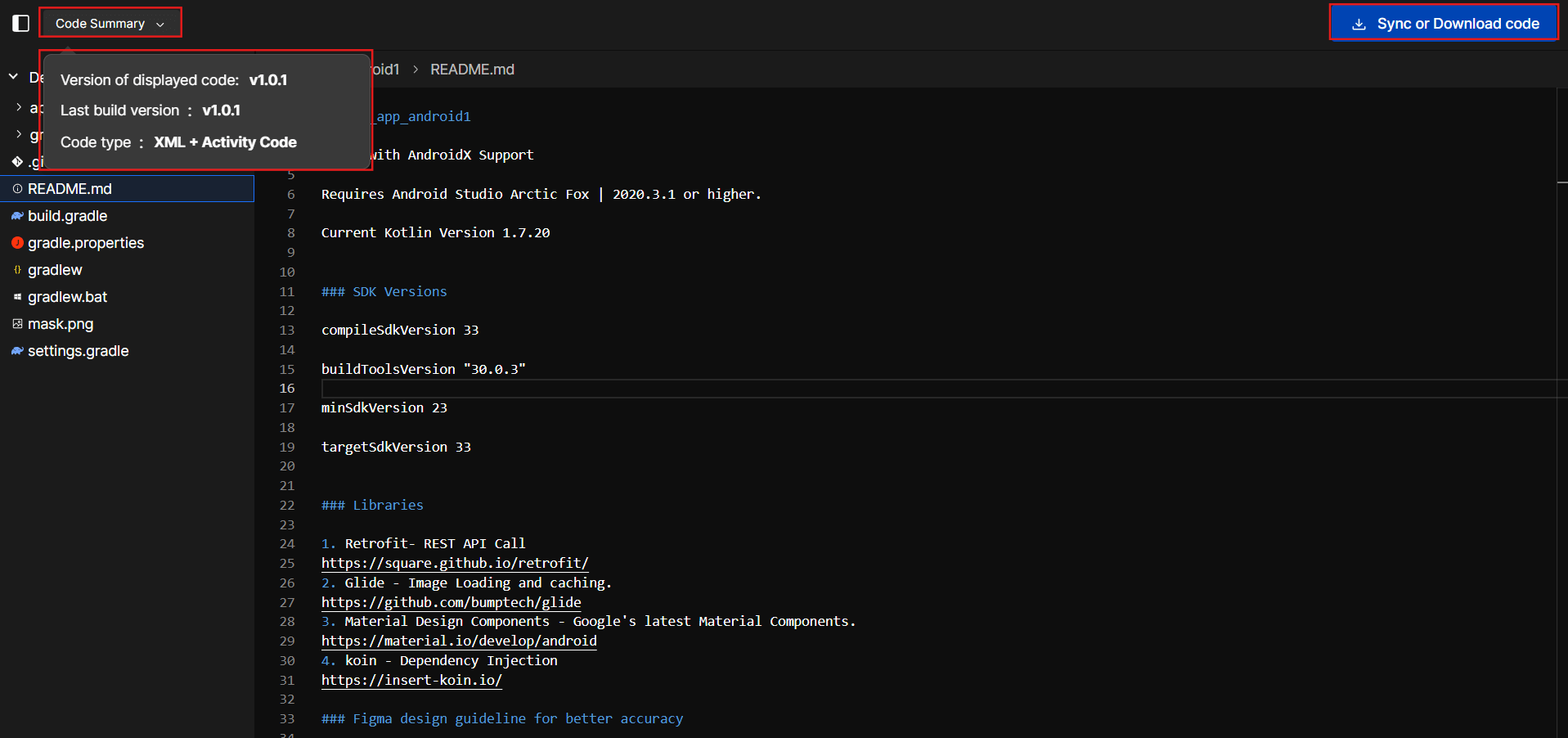 View Code Summary and Download or Sync Code