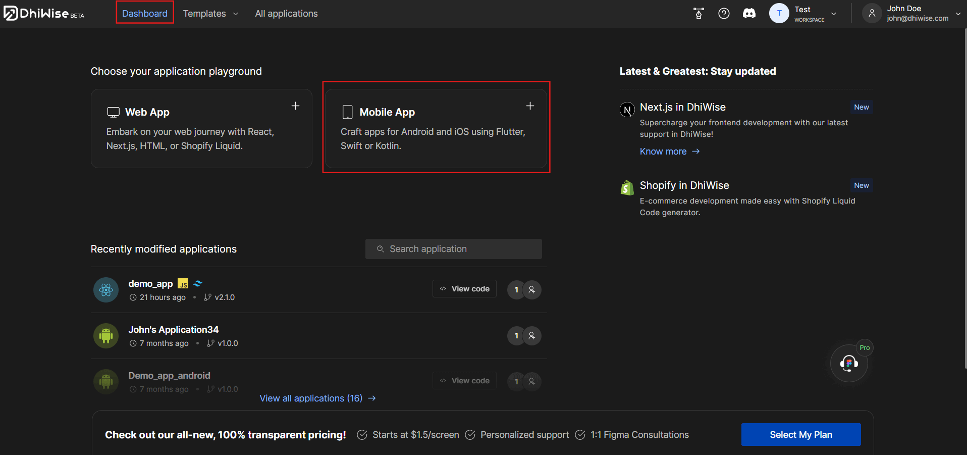 Choose Application Playground as Mobile App
