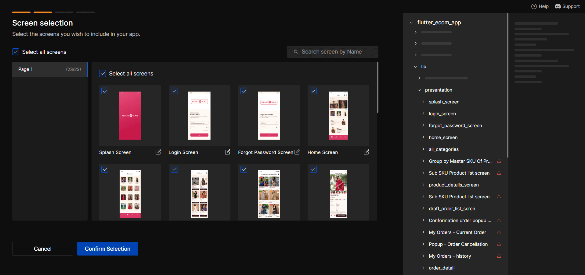 Select Screens You Want to Import