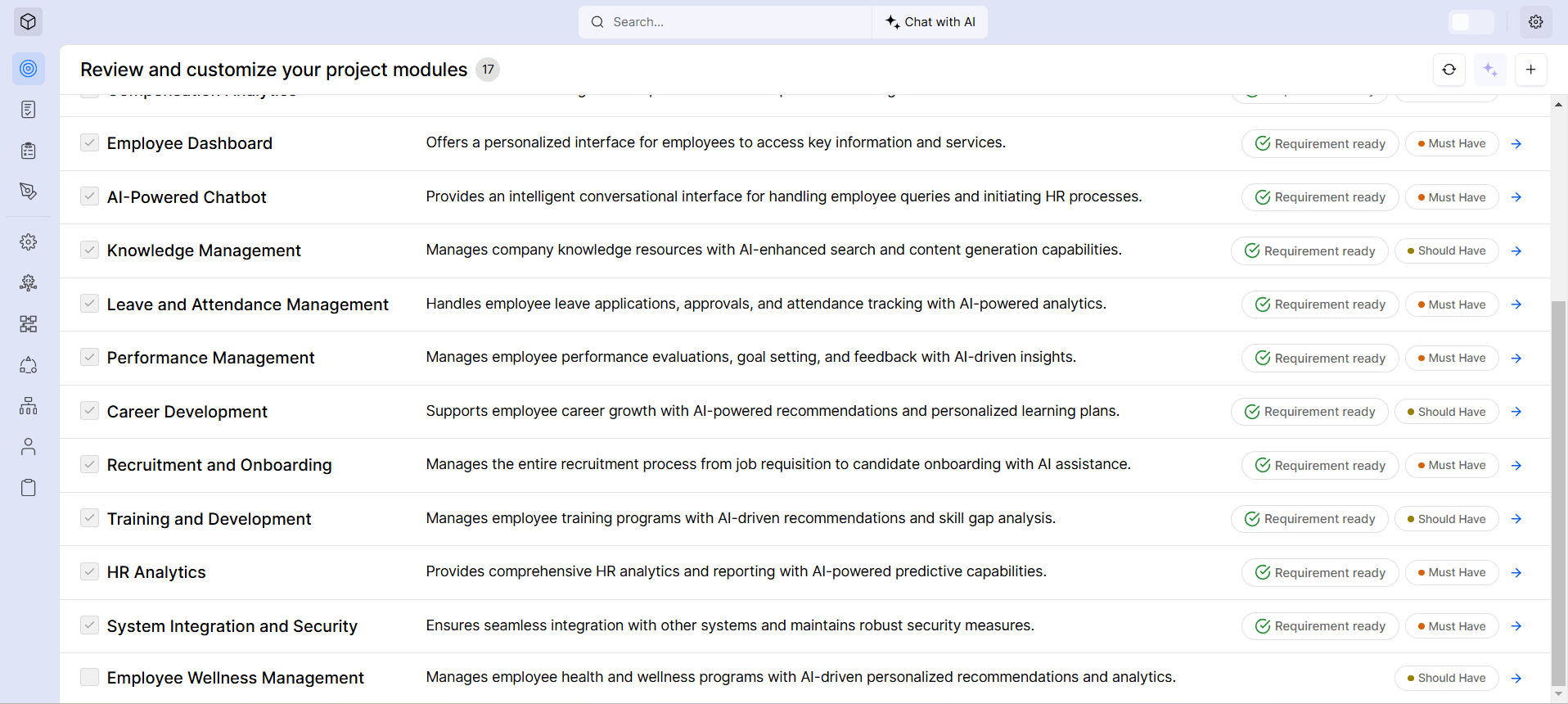 Requirement Builder- AI-Powered HRMS System Project Modules