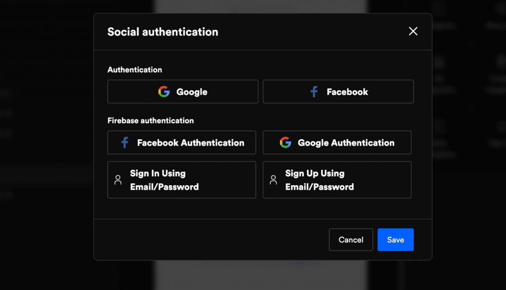 Once you save all the API-related actions and integrate them to specific UI components, you can select the ‘Login with Google’ or Facebook to set up ‘Google’ and ‘Facebook’ authentication.
