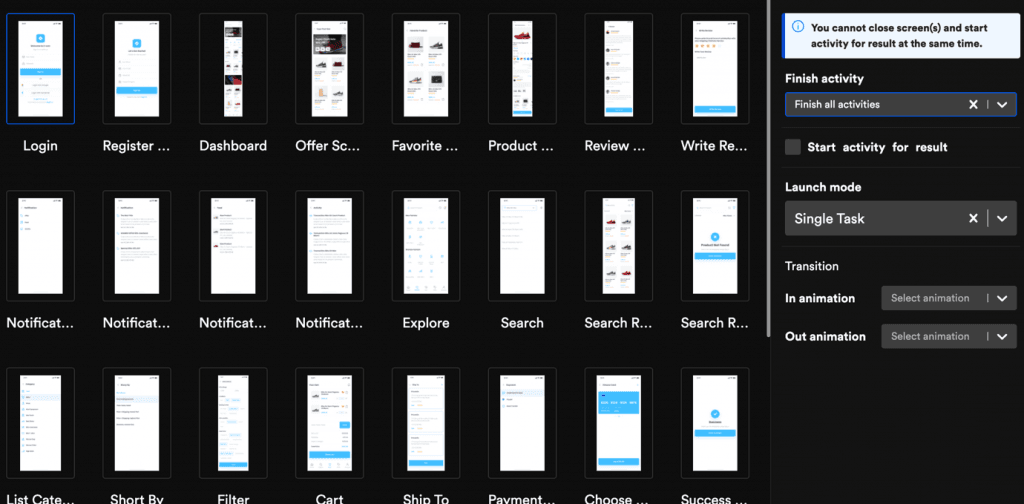 Step 4: Once you select ‘Navigation’ as the preferred action, the Screen List reopens and allows you to select the next screen as a part of the app flow. In the case of an eCommerce app, you should select the Login screen as the next course of action.