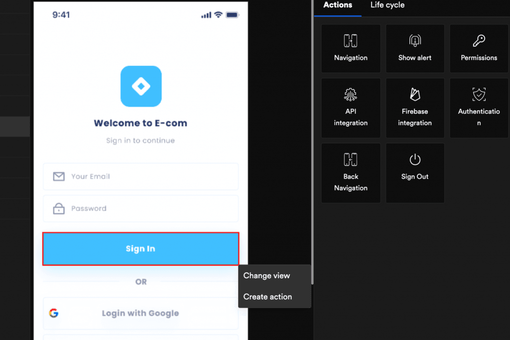 The ‘Sign In’ button allows the app screen to interact with the server and place a request for heading over or navigating to the next screen, which is the Dashboard for the eCommerce app. 
