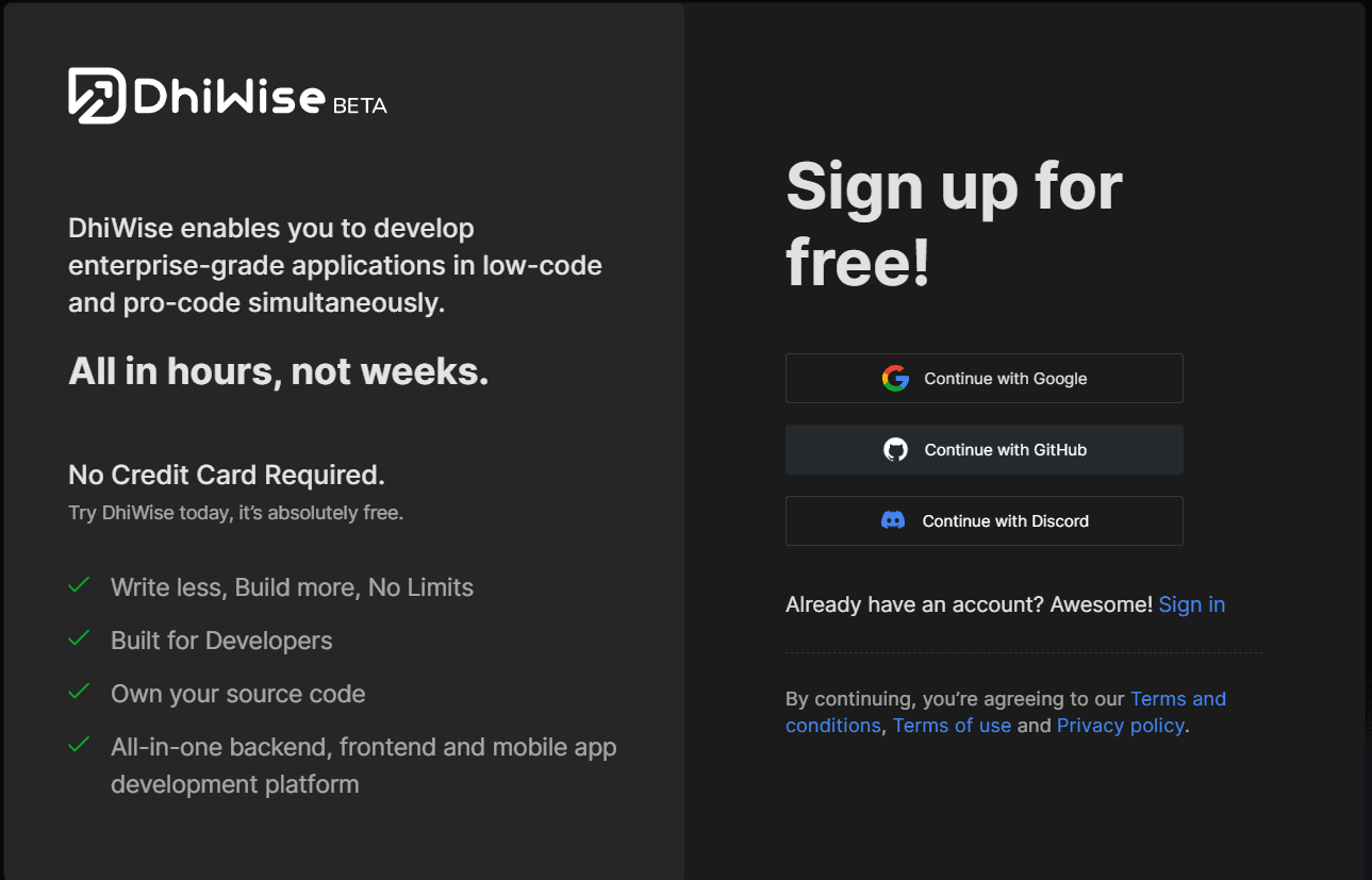 Sign up to DhiWise