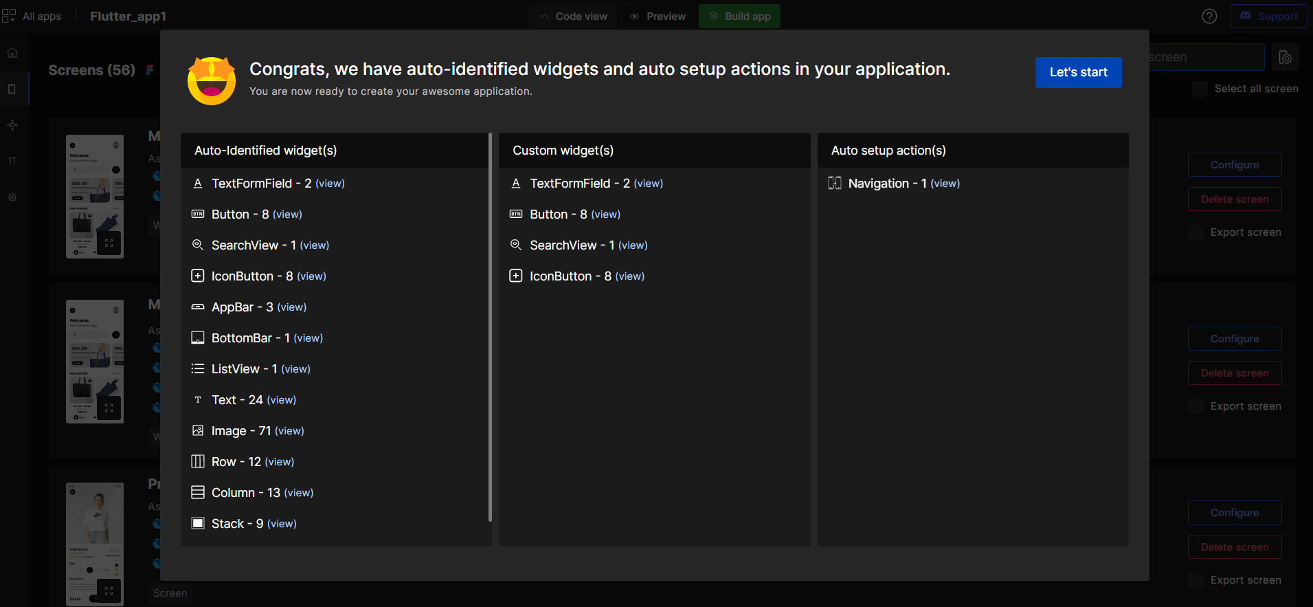 Auto-identified widgets and auto-setup actions