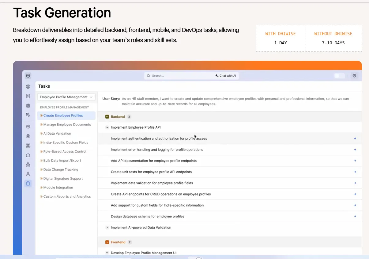 Task generation: DhiWise Project Planner