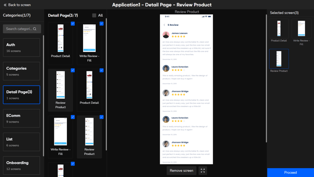 Figma imports are way too much work! Don’t worry, as you can now select pre-designed screens from our dataset and scurry towards deadlines