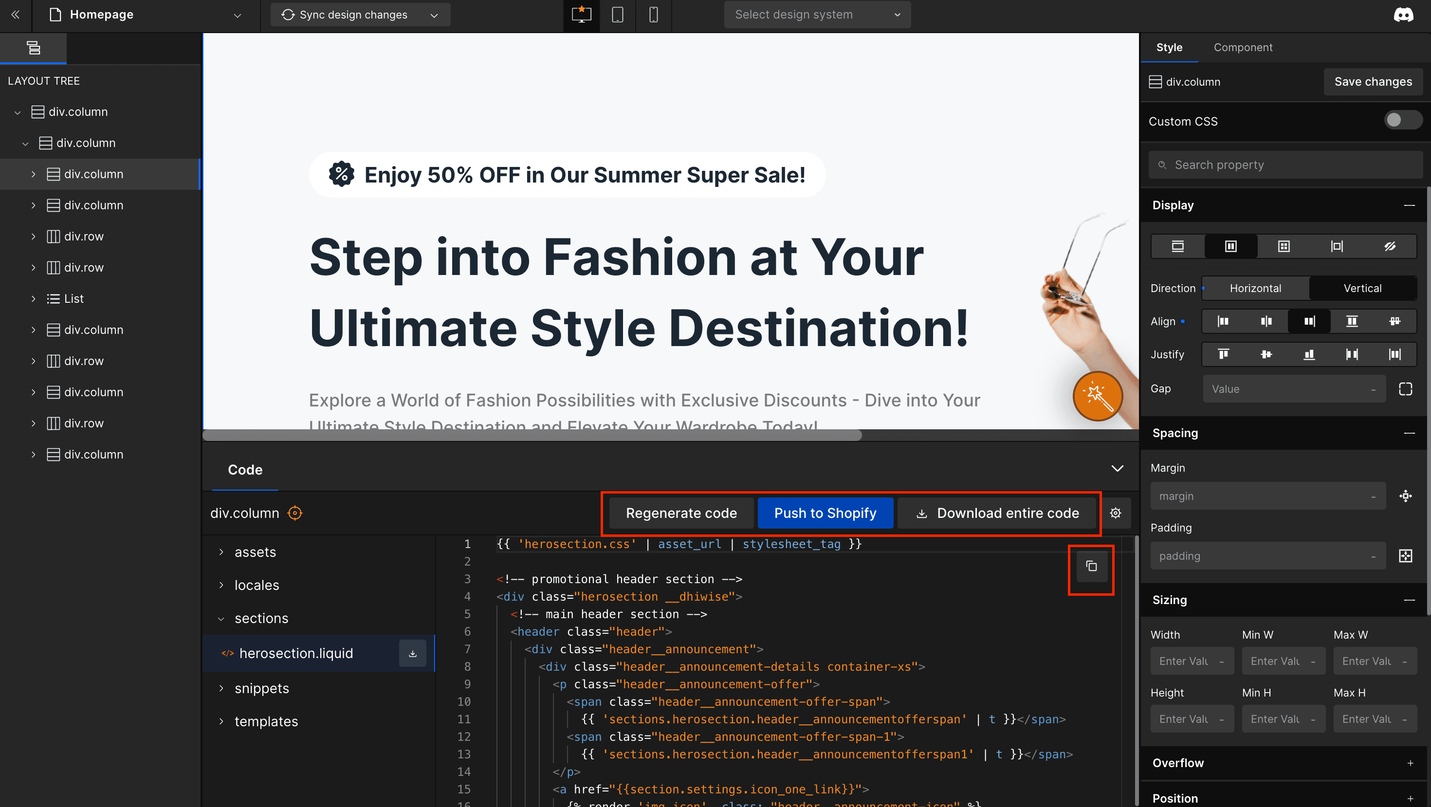 Regenerate image, download code, push to shopify